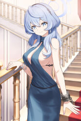Rule 34 | 1girl, ako (blue archive), ako (dress) (blue archive), bare shoulders, blue archive, blue dress, blue eyes, blue hair, breasts, cleavage, dress, highres, indoors, kamo ashi, looking at viewer, smile, solo