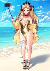 Rule 34 | 1girl, absurdres, alternate costume, beach, blonde hair, blue sky, blush, breasts, cellphone, choker, cleavage, closed mouth, cloud, collarbone, commentary, day, english commentary, ereshkigal (fate), fate/grand order, fate (series), gold one-piece swimsuit, hair ribbon, highres, holding, jacket, long hair, looking at viewer, medium breasts, monkey jon, ocean, off shoulder, one-piece swimsuit, open clothes, open jacket, parted bangs, phone, red eyes, red ribbon, ribbon, sand, sandals, selfie stick, shadow, sky, solo, swimsuit, tiara, toenails, toes, two side up, water, yellow jacket