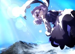 Rule 34 | 1girl, absurdres, blue eyes, cloud, covered mouth, floating, hat, highres, letty whiterock, looking at viewer, mountain, scarf, skirt, sky, solo, touhou, ushitsuchi, white hair, white hat