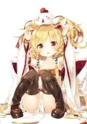 Rule 34 | 1girl, absurdres, animal, animal on head, armpits, arms up, bandeau, beads, bird, black thighhighs, blonde hair, blush, bow, breasts, brown eyes, brown thighhighs, card, chicken, chicken on head, clog sandals, clothes between thighs, collarbone, crab, crop top, detached sleeves, feather hair ornament, feathers, granblue fantasy, hair beads, hair ornament, harvin, highres, kani biimu, knees together feet apart, knees up, large bow, loincloth, long hair, looking at viewer, mahira (granblue fantasy), midriff, on head, open mouth, petite, sandals, scan, simple background, sitting, small breasts, solo, thighhighs, very long hair, white background, white bow, wide sleeves