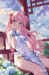 Rule 34 | 1girl, bare arms, bare legs, bare shoulders, blue flower, blush, breasts, china dress, chinese clothes, chinese knot, cloud, cloudy sky, day, double bun, dress, feet out of frame, floral print, flower, fur trim, gluteal fold, green eyes, hair bun, hair ornament, highres, holding, holding own hair, long hair, looking at viewer, medium breasts, nail polish, original, panties, parted lips, pink hair, red nails, side-tie panties, signature, sitting, sky, sleeveless, solo, sunlight, thighs, twitter username, underwear, wantan meo, watermark, white dress, wrist cuffs