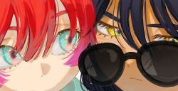 2girls amate_yuzuriha aqua_eyes black_hair blush close-up gundam gundam_gquuuuuux half-closed_eyes highres looking_at_another looking_to_the_side multiple_girls nyaan_(gundam_gquuuuuux) red_hair sunglasses tkrkve43 yellow_eyes