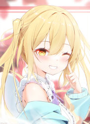 Rule 34 | 1girl, blonde hair, blue jacket, blurry, blurry background, blush, bow, breasts, center frills, closers, commentary request, depth of field, frilled shirt, frills, from side, grin, hair between eyes, han (hehuihuihui), hand up, highres, jacket, long hair, long sleeves, looking at viewer, looking to the side, lucy (closers), off shoulder, one eye closed, open clothes, open jacket, puffy long sleeves, puffy sleeves, purple bow, shirt, sleeveless, sleeveless shirt, small breasts, smile, solo, twintails, upper body, white shirt, yellow eyes