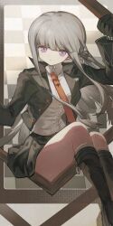 Rule 34 | 1girl, black footwear, black gloves, black ribbon, black skirt, boots, braid, breasts, brown necktie, collared shirt, danganronpa: trigger happy havoc, danganronpa (series), gloves, grey hair, hair ribbon, hand up, highres, huruhuru979, jacket, kirigiri kyoko, knee boots, long hair, long sleeves, medium breasts, necktie, open clothes, open jacket, purple eyes, ribbon, shirt, side braid, skirt, solo