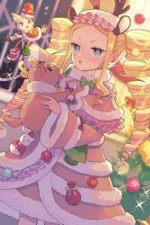 Rule 34 | 1girl, :o, beatrice (re:zero), blonde hair, blue eyes, blush, bubble, capelet, cat, christmas, commentary request, doll, dress, drill hair, eyelashes, fake antlers, fur-trimmed capelet, fur trim, highres, holding, holding doll, long hair, long sleeves, open mouth, parupin, puck (re:zero), re:zero kara hajimeru isekai seikatsu, short eyebrows, sidelocks, sparkle, standing, symbol-shaped pupils, tongue, twin drills, twintails