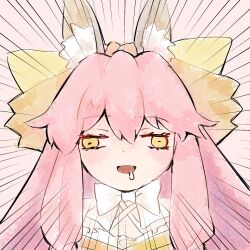 Rule 34 | 1girl, animal ear fluff, animal ears, blush, bow, close-up, commentary, drooling, emphasis lines, english commentary, fate/samurai remnant, fate (series), fox ears, long hair, me gusta, open mouth, pink hair, saliva, sketch, smile, solo, tamamo (fate), tamamo aria (fate), viroa, wall-eyed, white bow, yellow eyes