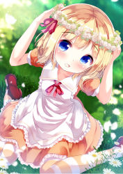 Rule 34 | 1girl, :d, apron, arms up, blonde hair, blue eyes, blush, brown dress, chinomaron, collarbone, day, dress, dutch angle, flower, flower wreath, frilled apron, frilled dress, frills, gochuumon wa usagi desu ka?, grass, head wreath, highres, kirima syaro, mary janes, neck ribbon, on grass, open mouth, outdoors, pantyhose, puffy short sleeves, puffy sleeves, red footwear, red ribbon, ribbon, shoes, short sleeves, sidelocks, sitting, smile, solo, striped clothes, striped pantyhose, wariza, white apron, white flower
