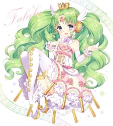 Rule 34 | 1girl, bare shoulders, blue eyes, boots, crown, dress, elbow gloves, falulu, falulu (awakened), forehead jewel, full body, gloves, gold trim, green hair, hands up, headphones, high heel boots, high heels, idol clothes, knees up, long hair, looking at viewer, musical note, open mouth, parted bangs, pink dress, pretty series, pripara, sheet music, sidelocks, smile, solo, strapless, strapless dress, thigh boots, twintails, very long hair, wasabi (sekai), white gloves, wing hair ornament