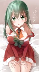 Rule 34 | 10s, 1girl, aqua hair, arm warmers, breasts, christmas tree hair ornament, collarbone, detached collar, dress, fur trim, green eyes, hair between breasts, hair ornament, hands on legs, highres, kantai collection, large breasts, looking at viewer, neckerchief, on bed, open mouth, pentagon (railgun ky1206), red dress, solo, strap slip, suzuya (kancolle), translation request