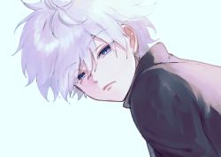 Rule 34 | 1boy, absurdres, black shirt, blue background, blue eyes, closed mouth, commentary request, from side, frown, highres, hunter x hunter, kikku1128, killua zoldyck, leaning forward, looking at viewer, looking to the side, male focus, messy hair, shirt, short hair, simple background, solo, white hair
