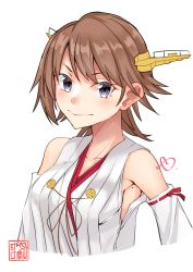 Rule 34 | 1girl, absurdres, armpit peek, artist logo, bad id, bad twitter id, brown hair, detached sleeves, flipped hair, green skirt, hairband, headgear, hiei (kancolle), highres, japanese clothes, kantai collection, looking at viewer, ribbon-trimmed sleeves, ribbon trim, short hair, simple background, skirt, solo, upper body, white background, yunoji yusuke