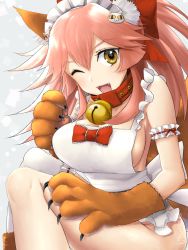 Rule 34 | 1girl, animal ears, animal hands, apron, armband, bare shoulders, bell, blush, breasts, claws, cleavage, collar, collarbone, eyelashes, fangs, fate/grand order, fate (series), female focus, fox ears, fox tail, frilled apron, frills, hair ornament, hair ribbon, jingle bell, large breasts, long hair, looking at viewer, maid headdress, mo253, naked apron, neck bell, one eye closed, open mouth, pink hair, ribbon, sideboob, single thighhigh, sitting, smile, solo, tail, tamamo (fate), tamamo cat (fate), tamamo cat (third ascension) (fate), tamamo no mae (fate/extra), thigh strap, thighhighs, white thighhighs, wink, yellow eyes