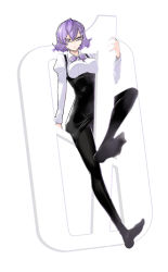 Rule 34 | 1girl, black dress, black pantyhose, bow, bowtie, digimon, digimon story: cyber sleuth, digimon world re:digitize, dress, glasses, mikagura mirei, no shoes, official art, pantyhose, puffy sleeves, purple bow, purple bowtie, purple eyes, purple hair, shirt, short hair, simple background, sitting, sitting on object, solo, white background, white shirt, yasuda suzuhito