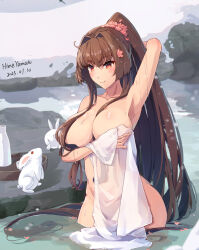 Rule 34 | 1girl, arm behind head, arm up, armpits, artist name, bare shoulders, bathing, breasts, brown eyes, brown hair, cleavage, closed mouth, covering privates, dated, hair between eyes, hair intakes, highres, himeyamato, kantai collection, large breasts, naked towel, nude, nude cover, onsen, outdoors, partially submerged, rabbit, signature, smile, snow, solo, towel, wading, yamato (kancolle)