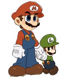 Rule 34 | 2boys, blue eyes, blue overalls, brown hair, facial hair, gloves, green shirt, hat, highres, luigi, male focus, mario, mario (series), mimimi (mimimim9999), multiple boys, mustache, nintendo, overalls, red hat, shirt, short hair, white gloves