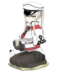 Rule 34 | 10s, 1girl, blonde hair, blue eyes, breasts, capelet, cat, celtic knot, cup, cushion, female focus, full body, gloves, graf zeppelin (kancolle), hat, kantai collection, kneeling, lang (chikage36), large breasts, long hair, miniskirt, pantyhose, peaked cap, skirt, solo, tea, teacup, twintails, yunomi, zabuton
