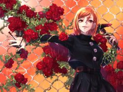 Rule 34 | 1girl, aizawa (nh st), belt, black jacket, black skirt, brown belt, brown eyes, brown hair, buttons, chain-link fence, cowboy shot, fence, flower, hair between eyes, hair strand, hammer, hands up, holding, holding hammer, holding nail, jacket, jujutsu kaisen, kugisaki nobara, long sleeves, looking at viewer, nail, open mouth, outdoors, parted bangs, plant, pleated skirt, rain, rose, school uniform, skirt, smile, solo, straw doll, twitter username, vines, weapon, wet face