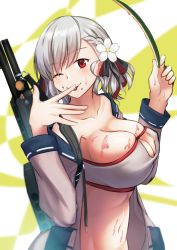 Rule 34 | 1girl, bare shoulders, breasts, cleavage, closed mouth, collarbone, combat shotgun, dual-mode shotgun, flower, food, from side, fruit, girls&#039; frontline, gun, gun on back, hair flower, hair ornament, hair ribbon, highres, large breasts, licking, licking finger, licking lips, lodbyy, looking at viewer, medium hair, navel, one-piece swimsuit, one eye closed, pump-action shotgun, pump action, red eyes, ribbon, semi-automatic firearm, semi-automatic shotgun, shotgun, silver hair, simple background, smile, solo, spas-12, spas-12 (girls&#039; frontline), spas-12 (midsummer fruit) (girls&#039; frontline), swimsuit, tongue, tongue out, upper body, watermelon, weapon, weapon on back, wet, white one-piece swimsuit