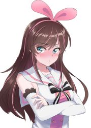 Rule 34 | 1girl, bad id, bad pixiv id, blue eyes, blush, brown hair, crossed arms, hairband, highres, kizuna ai, kizuna ai inc., lace-trimmed sleeves, lace trim, long hair, looking to the side, multicolored hair, pink hair, pink hairband, pink ribbon, pout, pouty lips, qian yuan, ribbon, sailor collar, simple background, streaked hair, tsundere, upper body, virtual youtuber, white background, white sailor collar