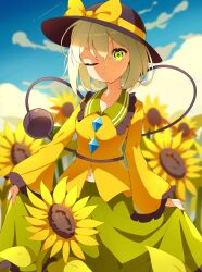 Rule 34 | 1girl, ;), absurdres, black hat, blurry, blurry background, bow, buttons, closed mouth, commentary, cowboy shot, crossed bangs, day, diamond button, eyelashes, field, flower, flower field, fog. (pixiv26875950), frilled shirt collar, frilled sleeves, frills, green eyes, green hair, green skirt, hair between eyes, hat, hat bow, heart, heart of string, highres, komeiji koishi, long sleeves, looking at viewer, navel, one eye closed, outdoors, shirt, short hair, sidelighting, skirt, skirt hold, smile, solo, split mouth, sunflower, sunflower field, third eye, touhou, v-shaped eyebrows, wide sleeves, yellow bow, yellow shirt