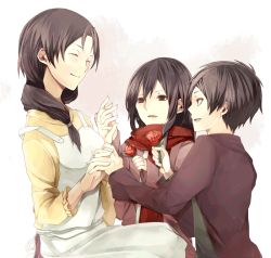 Rule 34 | 1boy, 2girls, apron, black hair, brown eyes, carla yeager, carnation, child, eren yeager, closed eyes, flower, gift, holding hands, interlocked fingers, jacket, long hair, looking at another, low-tied long hair, mikasa ackerman, mother&#039;s day, mother and son, multiple girls, open mouth, ponytail, red flower, red rose, riya 29, rose, scarf, shingeki no kyojin, shirt, short hair, sitting, skirt, smile, aged down