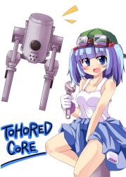 Rule 34 | 1girl, armored core, bad id, bad pixiv id, bare shoulders, blue eyes, blue hair, blush, clothes around waist, fang, female focus, from software, gloves, goggles, hair bobbles, hair ornament, hat, jacket, jacket around waist, kawashiro nitori, kikiriri, machine, matching hair/eyes, open mouth, short hair, solo, tank top, touhou, twintails, two side up, white gloves, wrench