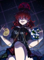Rule 34 | 1girl, black choker, black shirt, breasts, chain, choker, clothes writing, collarbone, commentary request, dream world (touhou), earth (ornament), fingernails, frilled skirt, frills, gold chain, hair between eyes, hecatia lapislazuli, highres, legs, looking at viewer, looking down, medium breasts, medium hair, miniskirt, moon (ornament), multicolored clothes, multicolored skirt, nr myt, off-shoulder shirt, off shoulder, open mouth, red eyes, red hair, shirt, skirt, smug, solo, t-shirt, teeth, touhou, upper teeth only