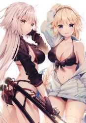 Rule 34 | 2girls, absurdres, ahoge, arched back, ass, bikini, black bikini, black gloves, black jacket, blonde hair, blue eyes, blue sky, blush, braid, breasts, choker, cleavage, closed mouth, collarbone, day, fate/grand order, fate (series), from behind, front-tie top, gloves, hair between eyes, hairband, highres, holding, holding sword, holding weapon, jacket, jeanne d&#039;arc alter (swimsuit berserker) (fate), jeanne d&#039;arc (fate), jeanne d&#039;arc (ruler) (fate), jeanne d&#039;arc (swimsuit archer) (fate), jeanne d&#039;arc alter (fate), jeanne d&#039;arc alter (swimsuit berserker) (fate), katana, large breasts, long braid, long hair, looking at viewer, midriff, multiple girls, navel, o-ring, open clothes, open mouth, outdoors, palm tree, rosuuri, scan, shiny skin, shrug (clothing), single bare shoulder, single braid, sky, standing, stomach, sunlight, swimsuit, sword, thighs, tree, unzipped, very long hair, weapon, yellow eyes