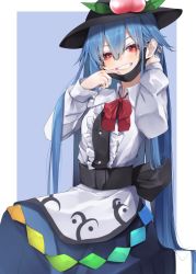 Rule 34 | 1girl, absurdres, black hat, black sash, blue hair, blue skirt, blush, border, bow, bowtie, buttons, center frills, collared shirt, commentary request, food, frills, fruit, fruit hat ornament, grin, hair between eyes, hat, highres, hinanawi tenshi, long hair, long sleeves, mask, mouth mask, peach, peach hat ornament, rainbow order, red bow, red bowtie, red eyes, sash, shirt, skirt, smile, solo, touhou, tsune (tune), white border, white shirt, wing collar