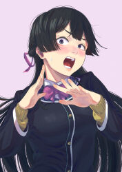 Rule 34 | 1girl, abaa (modifiedlas), black eyes, black hair, blazer, blush, bow, bowtie, breasts, collared shirt, embarrassed, hair ribbon, half updo, hands up, highres, jacket, long hair, long sleeves, looking at viewer, medium breasts, nijisanji, open mouth, purple background, purple bow, purple bowtie, purple ribbon, ribbon, school uniform, shirt, simple background, solo, surprised, sweat, tsukino mito, tsukino mito (1st costume), uneven eyes, upper body, virtual youtuber, wide-eyed