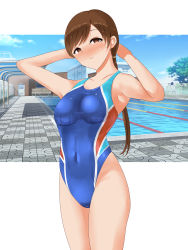 Rule 34 | 1girl, absurdres, arms behind head, bad id, bad pixiv id, blue one-piece swimsuit, blue sky, blush, breasts, brown eyes, brown hair, cloud, competition swimsuit, covered navel, cowboy shot, empty eyes, groin, highleg, highleg swimsuit, highres, idolmaster, idolmaster cinderella girls, lifeguard chair, low ponytail, medium breasts, multicolored clothes, multicolored swimsuit, nitta minami, nose blush, official alternate costume, one-piece swimsuit, pachio, pool, sky, solo, swimsuit, tile floor, tiles, wet, wet clothes, wet swimsuit
