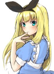 Rule 34 | 1girl, apron, black ribbon, blonde hair, blue dress, blue eyes, blush, closed mouth, dress, hair ribbon, highres, long hair, looking at viewer, looking to the side, maid headdress, mononobe alice, mononobe alice (1st costume), moti yousei, nijisanji, puffy short sleeves, puffy sleeves, ribbon, short sleeves, simple background, solo, very long hair, virtual youtuber, white apron, white background