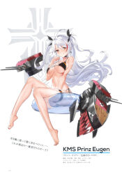 Rule 34 | 1girl, absurdres, azur lane, barefoot, bikini, black bikini, black choker, blue innertube, breasts, brown eyes, character name, choker, cleavage, cross, earrings, feet, full body, highres, innertube, iron cross, jewelry, large breasts, legs, long hair, looking at viewer, machinery, multicolored hair, navel, official art, page number, prinz eugen (azur lane), prinz eugen (unfading smile) (azur lane), scan, side-tie bikini bottom, sideboob, simple background, sitting, solo, stomach, swim ring, swimsuit, toes, tongue, tongue out, turret, two-tone hair, two side up, underboob, white hair, yunsang
