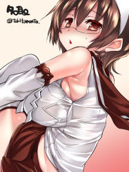 Rule 34 | 10s, 1girl, bad id, bad pixiv id, bespectacled, blush, breasts, brown eyes, brown hair, chestnut mouth, detached sleeves, from side, glasses, gradient background, hairband, impossible clothes, kantai collection, large breasts, looking at viewer, natori (kancolle), school uniform, serafuku, short hair, solo, thighhighs, tokita monta, twitter username, white thighhighs
