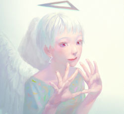 Rule 34 | 1girl, angel, angel wings, blue eyes, blue shirt, closed mouth, earrings, fingernails, halo, hands up, jewelry, looking at viewer, original, red pupils, shirt, short hair, smile, solo, tunapon01, white hair, wings