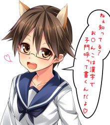 Rule 34 | 1girl, animal ears, bespectacled, blush, brown eyes, brown hair, glasses, kuragari, looking at viewer, miyafuji yoshika, open mouth, school uniform, short hair, solo, strike witches, translation request, uniform, world witches series