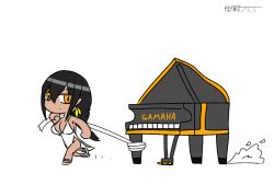 Rule 34 | 1girl, azur lane, backless dress, backless outfit, black hair, brand name imitation, breasts, chibi, cleavage, commentary request, dragging, dress, dust cloud, earrings, evening gown, feather earrings, feathers, grand piano, instrument, jewelry, large breasts, long hair, native american, piano, revision, rope, solo, south dakota (azur lane), south dakota (solo concert) (azur lane), sweetblood8787, white background, yamaha, yellow eyes