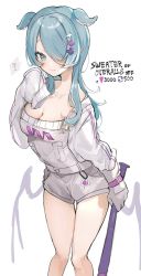 Rule 34 | 1girl, ?, blue eyes, blue hair, blush, breasts, cleavage, collarbone, elira pendora, elira pendora (1st costume), gloves, grey gloves, grey overalls, hair over one eye, head wings, highres, jacket, long hair, looking at viewer, medium breasts, meme, nijisanji, nijisanji en, oimo 0imo, overall shorts, overalls, single glove, sleeves past fingers, sleeves past wrists, smile, solo, speech bubble, spoken question mark, twitter strip game (meme), virtual youtuber, white background, white jacket, wings