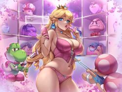 Rule 34 | 1girl, 3others, alternate costume, bag, bare shoulders, blonde hair, blue bag, blue eyes, blue vest, bow, bowtie, bra, breasts, cellphone, choker, cleavage, cosmetics, crown, curling iron, dressing room, earrings, goomba, handbag, heart-shaped bag, highres, holding, holding lipstick tube, holding phone, indoors, jewelry, large breasts, lipstick tube, long hair, looking at phone, mario (series), multiple others, navel, nintendo, panties, pendant choker, phone, pink bag, pink bow, pink bowtie, pink bra, pink choker, pink lips, pink lipstick tube, pink panties, potetos7, princess peach, puffy short sleeves, puffy sleeves, purple bag, shelf, short sleeves, shorts, smartphone, sphere earrings, super mario bros. 1, super mushroom, super star (mario), text messaging, toad (mario), underwear, vest, white shorts, yoshi