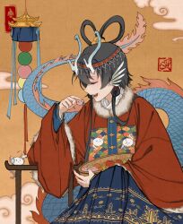 Rule 34 | 1girl, absurdres, alternate hairstyle, apple, black hair, braid, chinese clothes, closed eyes, cloud, dragon girl, dragon tail, eastern dragon horns, eating, fins, food, fruit, fur trim, hair ornament, hair rings, hanfu, head fins, highres, holding, holding food, long sleeves, lunu, luo tianyi, mingzhi ruqun, open mouth, pastry, profile, scales, sitting, smile, solo, table, tail, vocaloid, vsinger