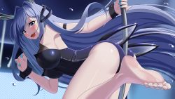 Rule 34 | 1girl, absurdly long hair, absurdres, ass, azur lane, barefoot, between buttocks, blue eyes, blue hair, blush, breasts, feet, foot focus, from side, highres, leotard, long hair, looking at viewer, nail polish, new jersey (azur lane), new jersey (exhilarating steps!) (azur lane), official alternate costume, open mouth, playboy bunny, pole, pole dancing, skin tight, soles, solo, stripper pole, toenail polish, toenails, toes, very long hair