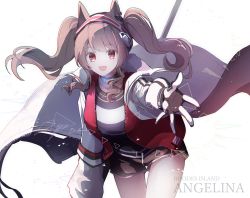 Rule 34 | 1girl, :d, a.a (aa772), angelina (arknights), animal ears, arknights, black shorts, blush, brown hair, character name, collar, fox ears, fox girl, glowing, hairband, infection monitor (arknights), jacket, leaning forward, long hair, long sleeves, looking at viewer, open clothes, open jacket, open mouth, outstretched arm, red eyes, short shorts, shorts, simple background, smile, solo, spread fingers, twintails, two-tone gloves, two-tone hairband, two-tone shirt, white background, white jacket