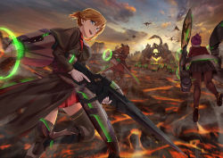 Rule 34 | 3girls, armor, ash arms, black capelet, black footwear, black legwear, blonde hair, blue eyes, braid, capelet, cloud, cloudy sky, collar, commentary, dragon, flying, from behind, greaves, gun, holding, holding gun, holding weapon, hurricane (ash arms), hurricane mk1 (ash arms), lancaster (ash arms), long coat, looking at viewer, looking back, miniskirt, lava, motion blur, multiple girls, open mouth, outdoors, pleated skirt, red collar, red hair, red skirt, scorpion, shigatsu itsuka, single horizontal stripe, skirt, sky, smile, spitfire (ash arms), sunset, thighhighs, twintails, weapon