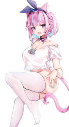 Rule 34 | 1girl, absurdres, ahoge, animal ear fluff, animal ears, ass, blue hair, blue ribbon, blue scarf, blush, bob cut, braid, breasts, cat ears, cat girl, cat tail, character print, cleavage, collarbone, colored inner hair, crop top, dyed ahoge, fang, hair scarf, hand on own ass, highres, hololive, kemonomimi mode, large breasts, light blue hair, looking at viewer, minato aqua, multicolored hair, neck ribbon, neko (minato aqua), off shoulder, open mouth, purple eyes, purple hair, purple tail, ribbon, scarf, shirt, short sleeves, simple background, smile, solo, streaked hair, tail, thighhighs, thighs, two-tone hair, virtual youtuber, white background, white shirt, white thighhighs, xianxiangguan coffee
