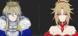 Rule 34 | 2girls, absurdres, artoria pendragon (all), artoria pendragon (fate), artoria pendragon (lancer) (fate), bad id, bad pixiv id, blonde hair, braid, cape, crown, derivative work, eyelashes, fate/grand order, fate (series), french braid, fur-trimmed cape, fur trim, green eyes, highres, mordred (fate), mordred (fate/apocrypha), multicolored eyes, multiple girls, ponytail, red scrunchie, saber (fate), scrunchie, sidelocks, simple background, yuuta (yuuta0312)
