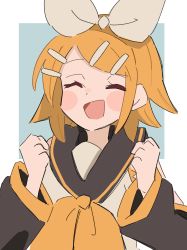 Rule 34 | 1girl, absurdres, black sailor collar, black sleeves, blonde hair, blue background, blush, border, bow, clenched hands, closed eyes, commentary, detached sleeves, fist pump, flipped hair, hair bow, hair ornament, hairclip, hands up, highres, kagamine rin, n40a1, neckerchief, open mouth, sailor collar, shirt, short hair, simple background, smile, solo, upper body, vocaloid, white bow, white shirt, yellow neckerchief