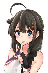 Rule 34 | 1girl, ahoge, bare arms, black gloves, black hair, blue eyes, blush, braid, breasts, collarbone, competition swimsuit, finger to mouth, fingerless gloves, gloves, hair flaps, hair ornament, kantai collection, large breasts, long hair, looking at viewer, one-piece swimsuit, sarfata, shigure (kancolle), shigure kai ni (kancolle), simple background, single braid, smile, solo, swimsuit, upper body, white background, white one-piece swimsuit