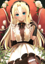 Rule 34 | 1girl, absurdres, aged down, azur lane, black bow, black gloves, blonde hair, blue eyes, bow, breasts, colored eyelashes, dress, flower, frilled dress, frills, gloves, highres, junineu, key, long hair, looking at viewer, official alternate costume, rose, see-through, see-through dress, sleeveless, sleeveless dress, small breasts, solo, vanguard (azur lane), vanguard (half-hearted masquerade) (azur lane), white dress, white flower, white rose