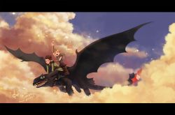 Rule 34 | 1boy, 1girl, armor, astrid hofferson, bad id, bad pixiv id, blonde hair, blue eyes, boots, braid, brown hair, cloud, couple, dragon, dragon wings, dreamworks, green eyes, hiba (jun), hiccup horrendous haddock iii, how to train your dragon, open mouth, pauldrons, pteruges, riding, short hair, shoulder armor, single braid, skirt, sky, smile, toothless, wings