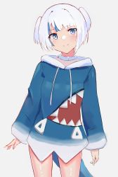 Rule 34 | 1girl, absurdres, blue hair, blunt bangs, blush, closed mouth, fins, fish tail, gawr gura, highres, hololive, hololive english, long sleeves, looking at viewer, multicolored hair, shark tail, short hair, short twintails, skykappa, smile, solo, streaked hair, tail, twintails, virtual youtuber, white hair